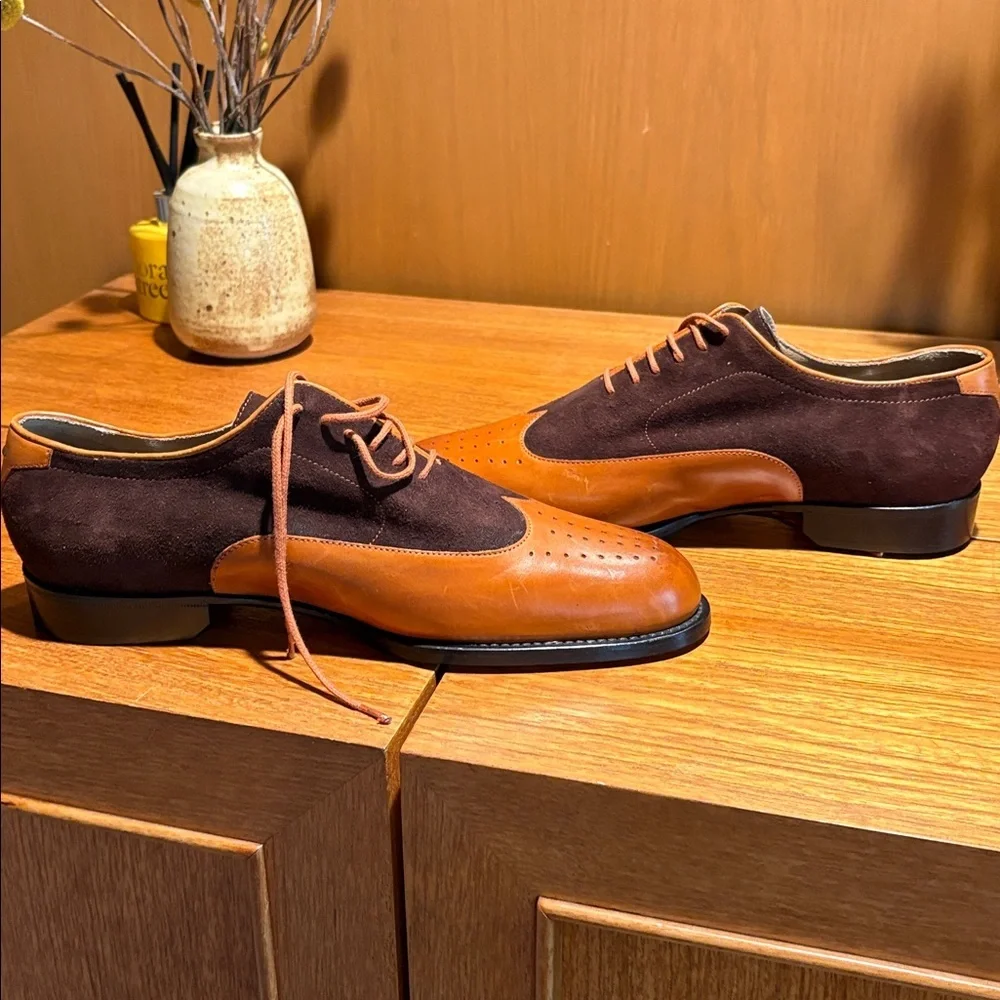 New Stephane Kelian Paris Mens perforated cap toe leather, laces brown suede 6.5